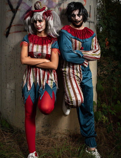 Fantasia de casal palhaço colorido de Halloween