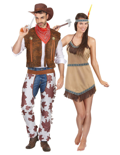 Disfarce de casal cowboy e índia adultos