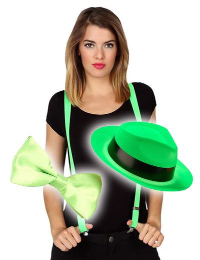 Kit de acessórios de chapéu e laço verde fluo para adultos