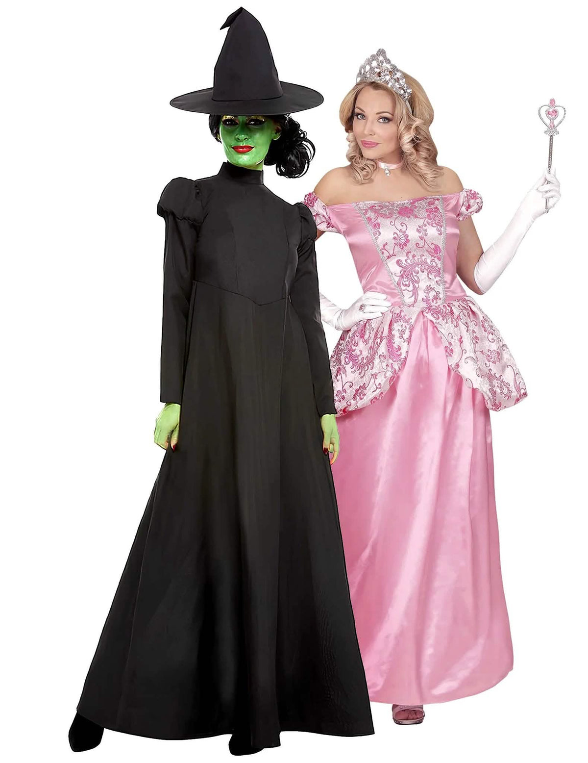 Fato de casal bruxa negra e princesa rosa para adultos
