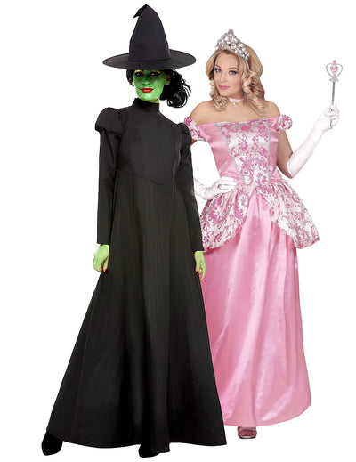 Fato de casal bruxa negra e princesa rosa para adultos