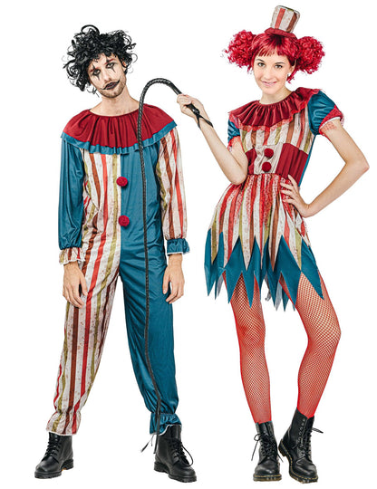 Fantasia de casal palhaço colorido de Halloween