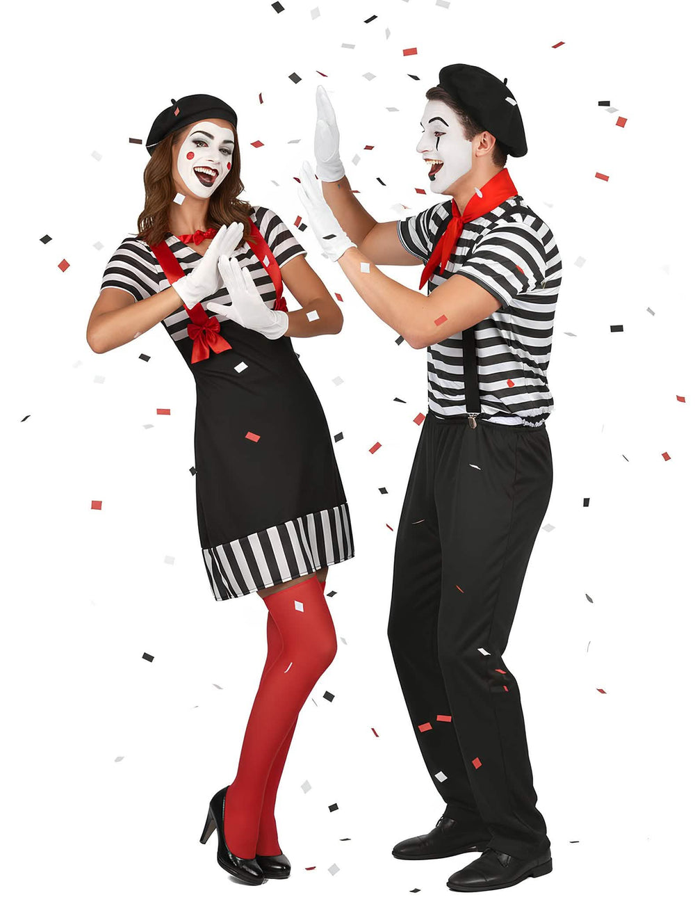 Déguisement de couple mime pour adulte noir et blanc avec accessoires rouges