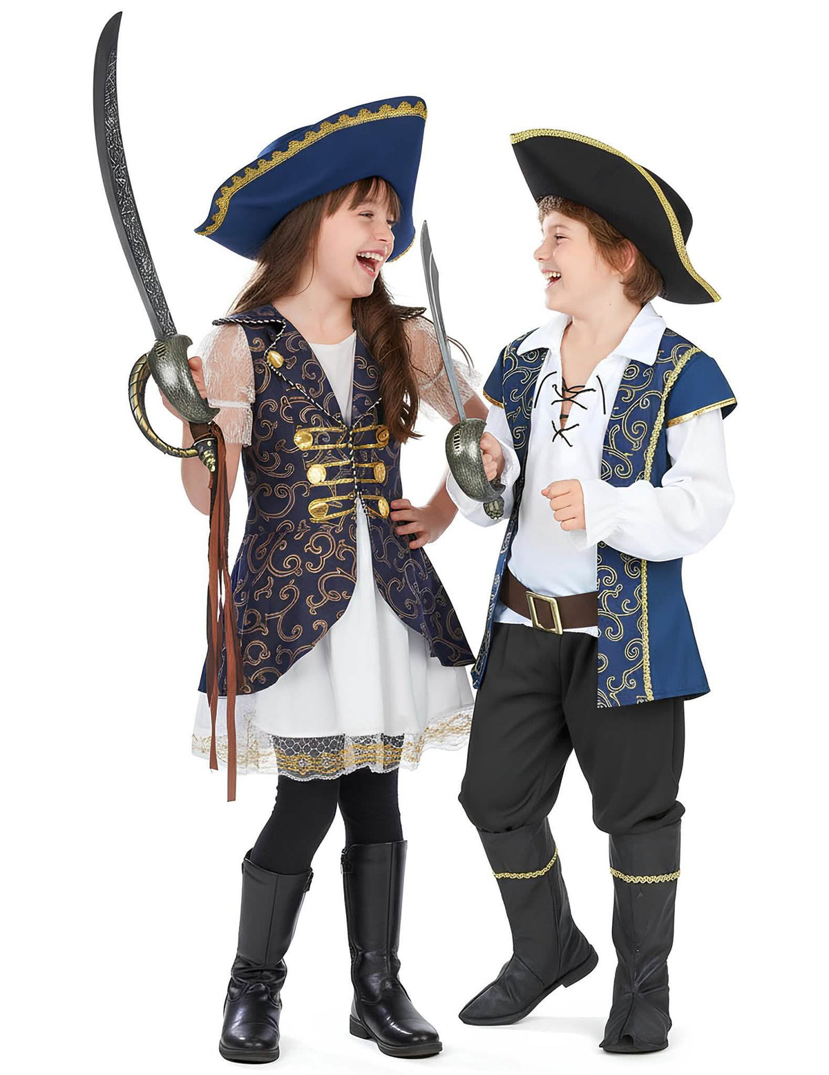 Déguisement de couple capitaines pirates chic pour enfants bleu et or avec chapeaux et épées
