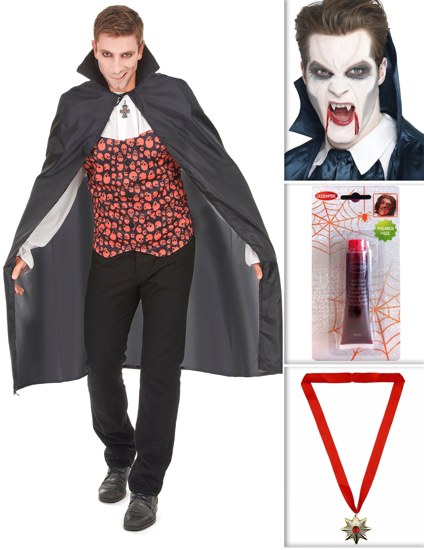 Pack de vampiro com capa, dentes, sangue falso e medalha Halloween