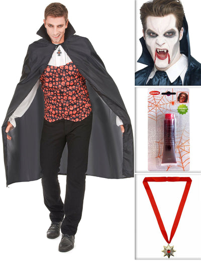 Pack de vampiro com capa, dentes, sangue falso e medalha Halloween