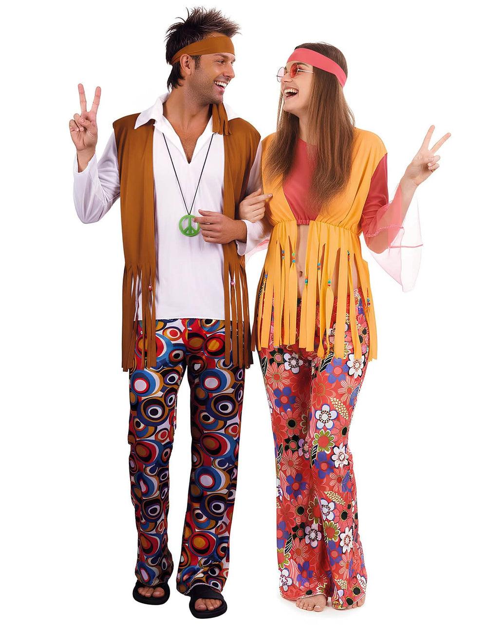 Déguisement de hippies pour couple multicolores avec gilets à franges