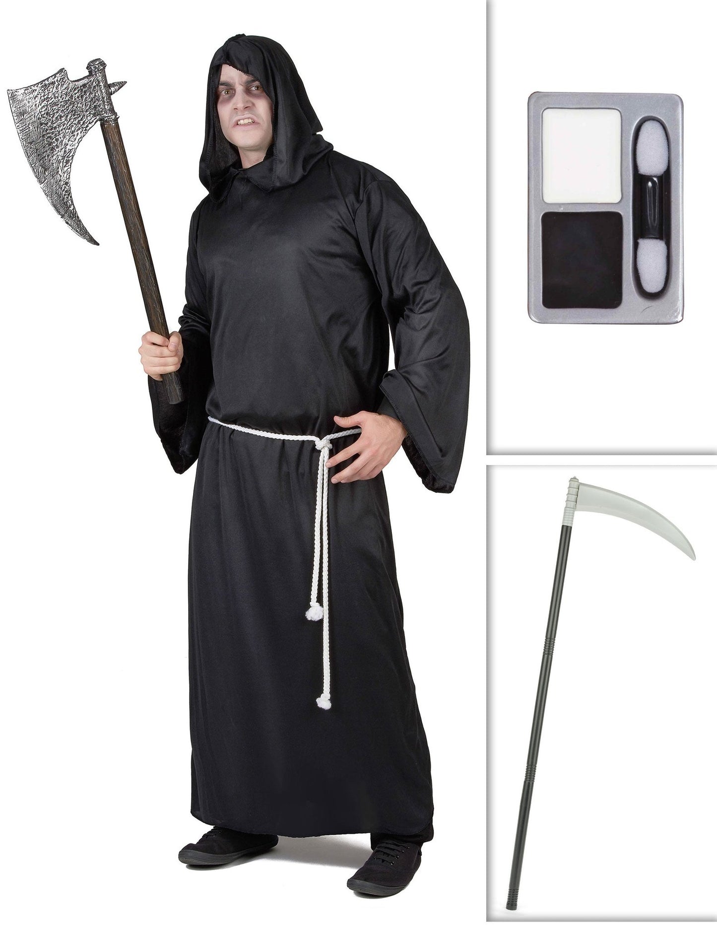Pack disfarce Senhor da morte com foice e maquilhagem Halloween