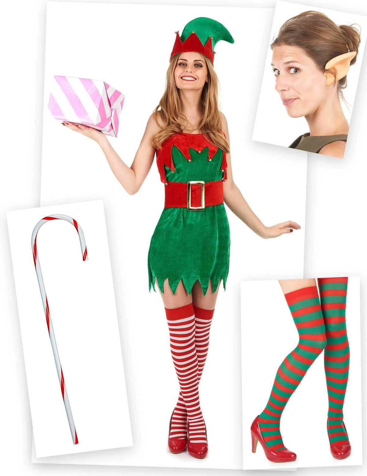 Pack disfarce duende mulher com orelhas, meias e bengala