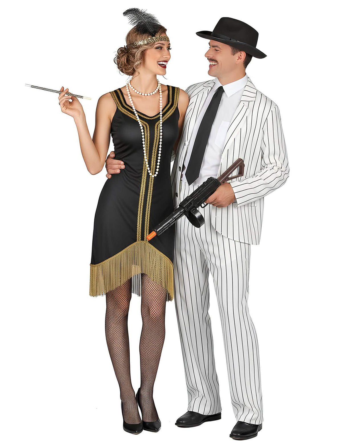Vue de face avec accessoires du déguisement de couple gangster et charleston pour adultes