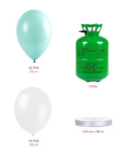 Kit de cilindros de hélio com 12 balões de menta 12 balões brancos e fita