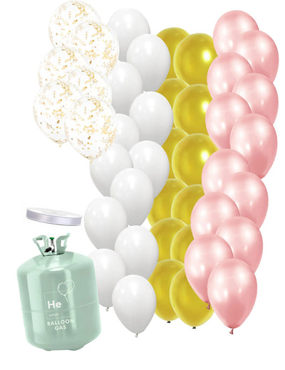 Kit de garrafas de hélio com balões transparentes e fita a condizer em ouro rosa e branco