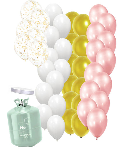 Kit de garrafas de hélio com balões transparentes e fita a condizer em ouro rosa e branco