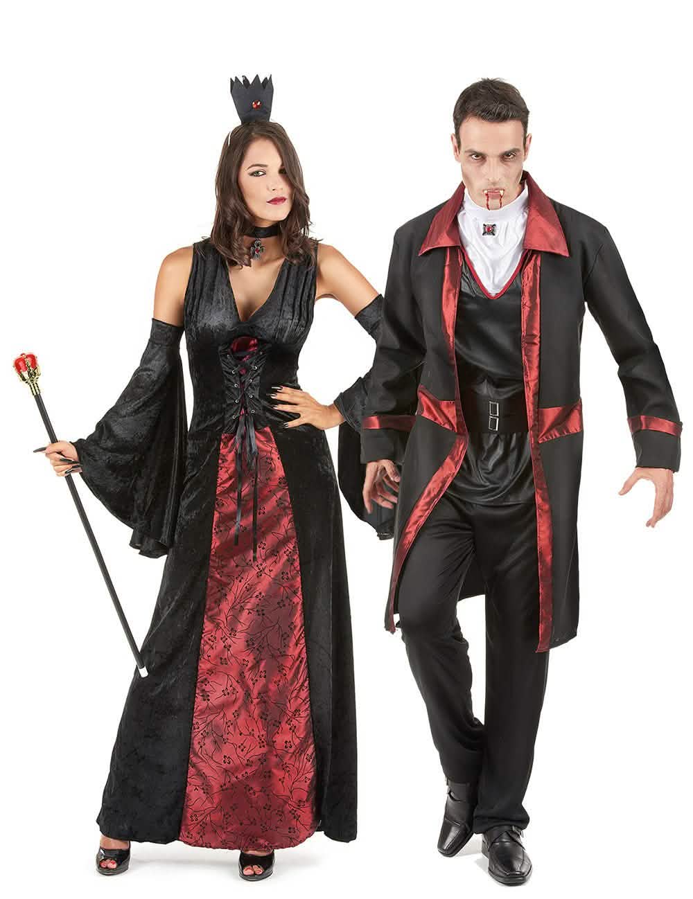 Disfarce de casal vampiro vermelho e preto Halloween