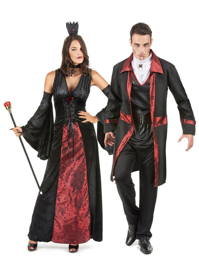 Disfarce de casal vampiro vermelho e preto Halloween