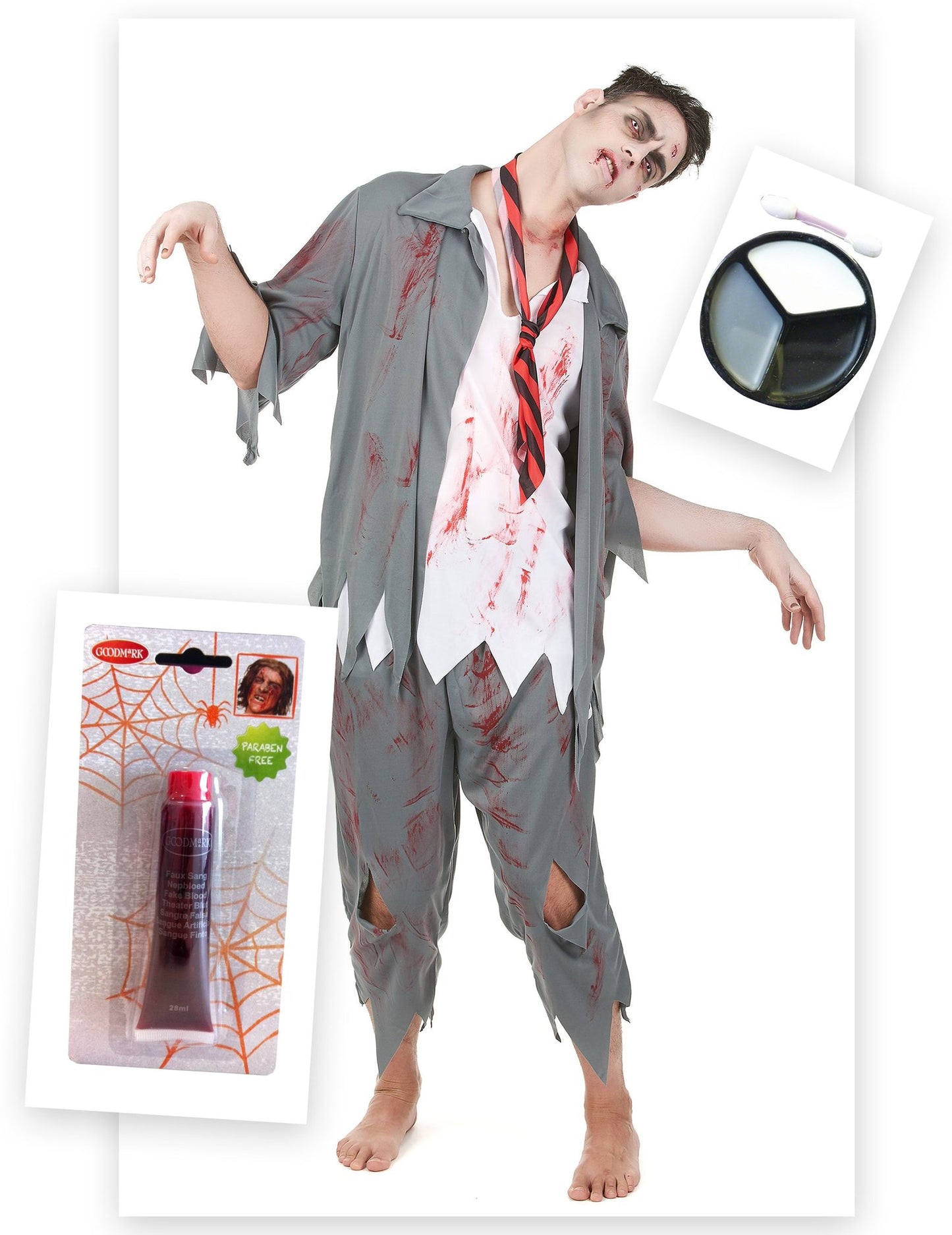 Pack disfarce zombie homem com sangue falso e maquilhagem Halloween