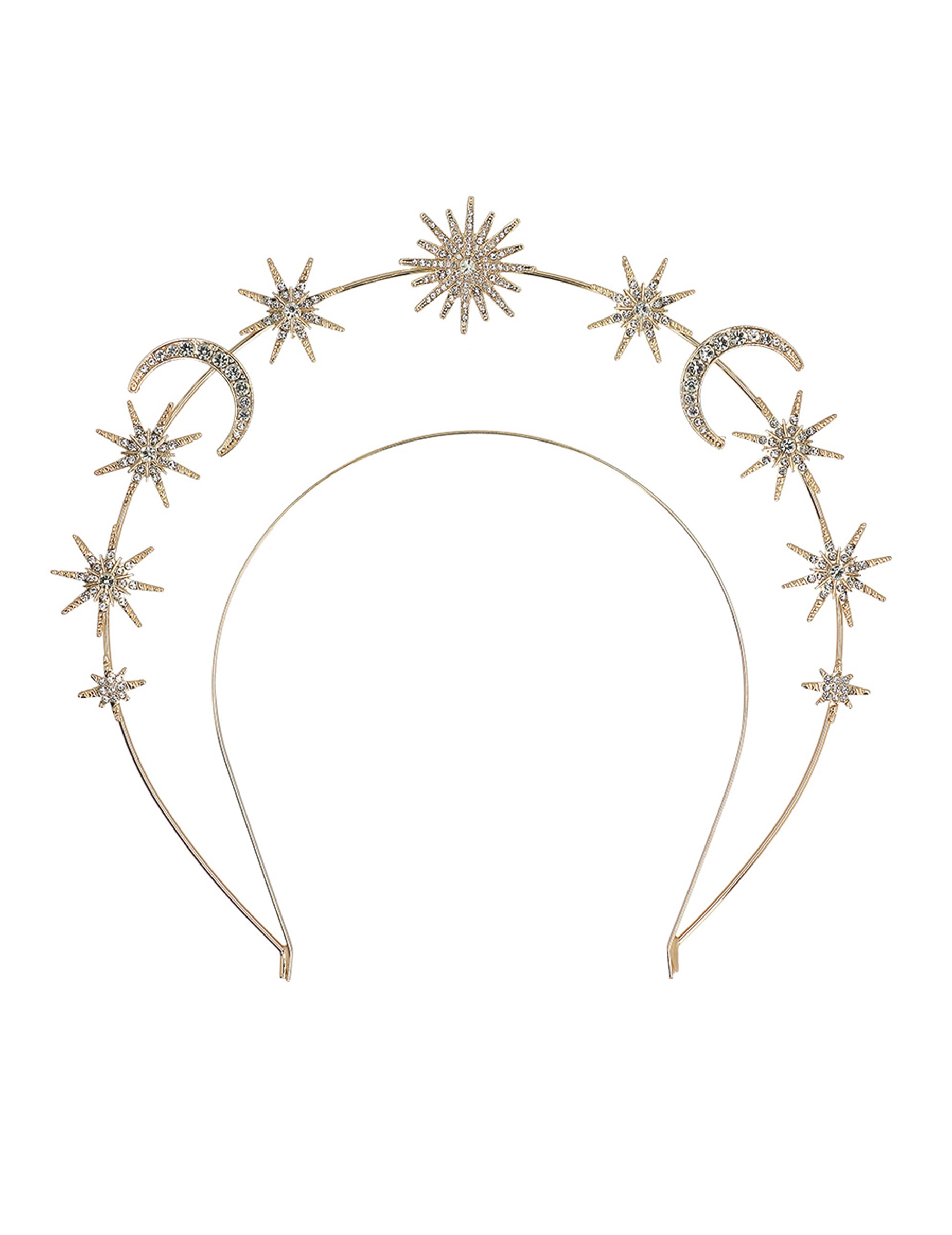 Détail des lunes et étoiles de la tiare métallique soleil, lunes et étoiles