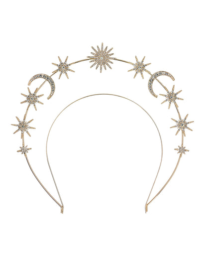 Détail des lunes et étoiles de la tiare métallique soleil, lunes et étoiles