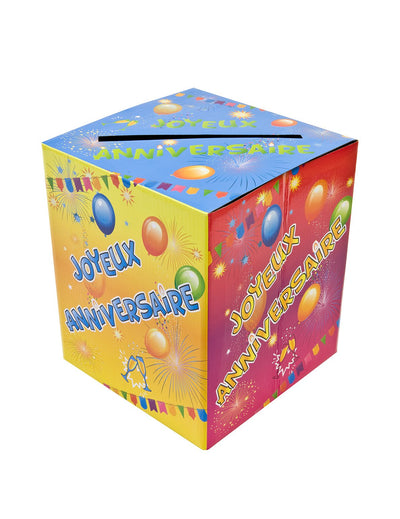Urne en carton anniversaire Fiesta pour fête multicolore avec motifs de ballons et feux d'artifice