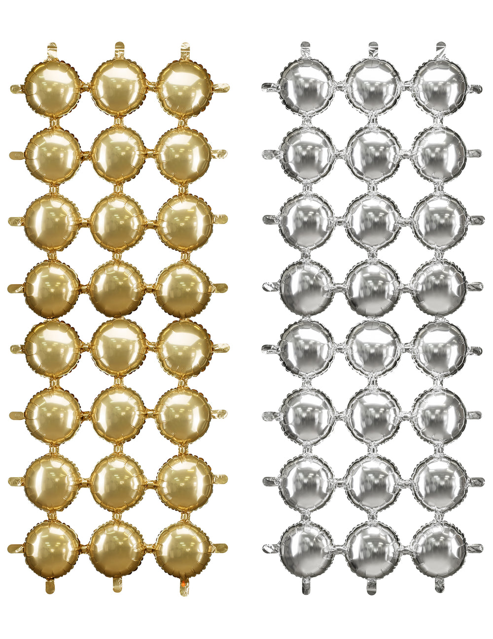 Vue d'ensemble des modèles doré et argenté du décor en ballon aluminium double face pour fête