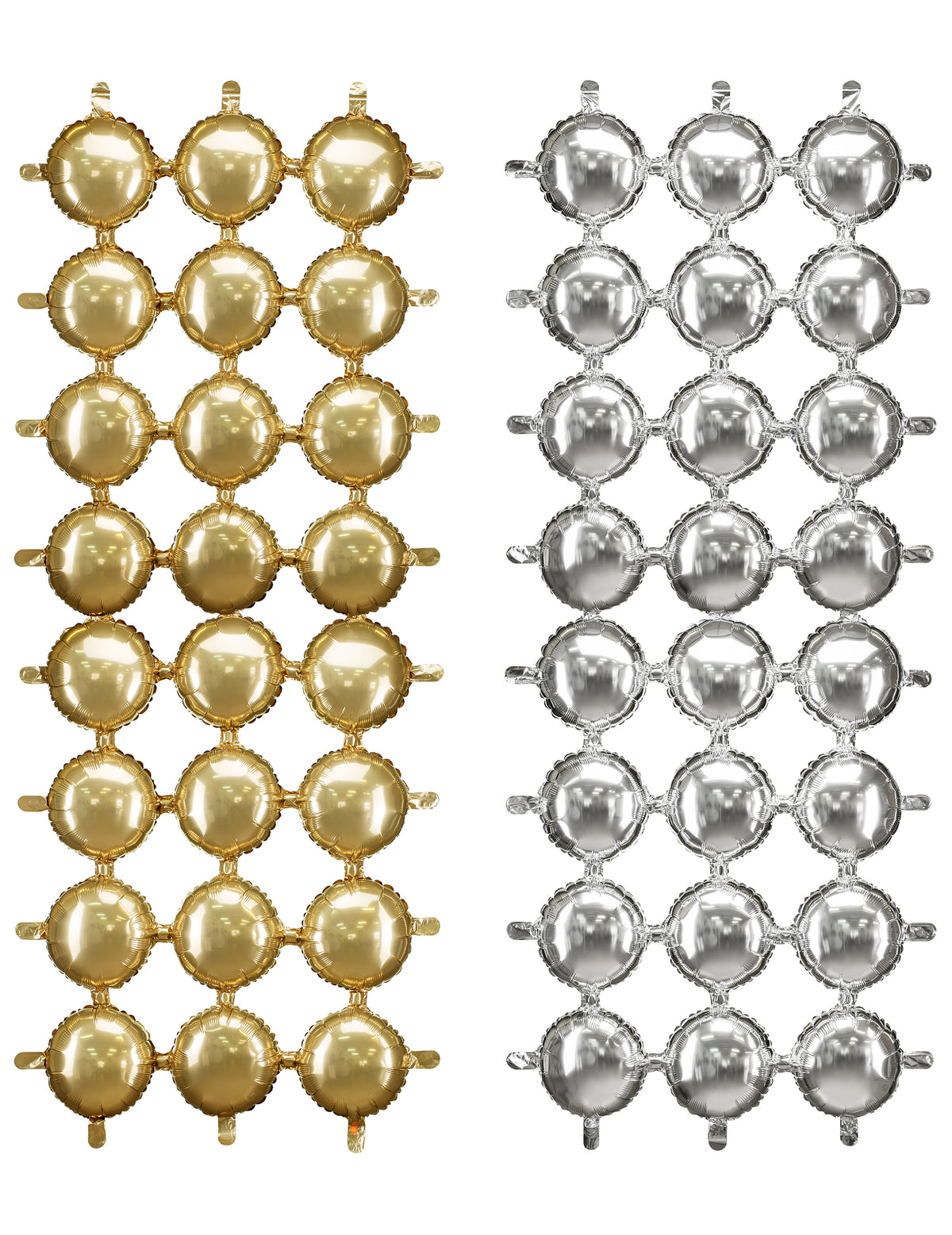 Vue d'ensemble des modèles doré et argenté du décor en ballon aluminium double face pour fête