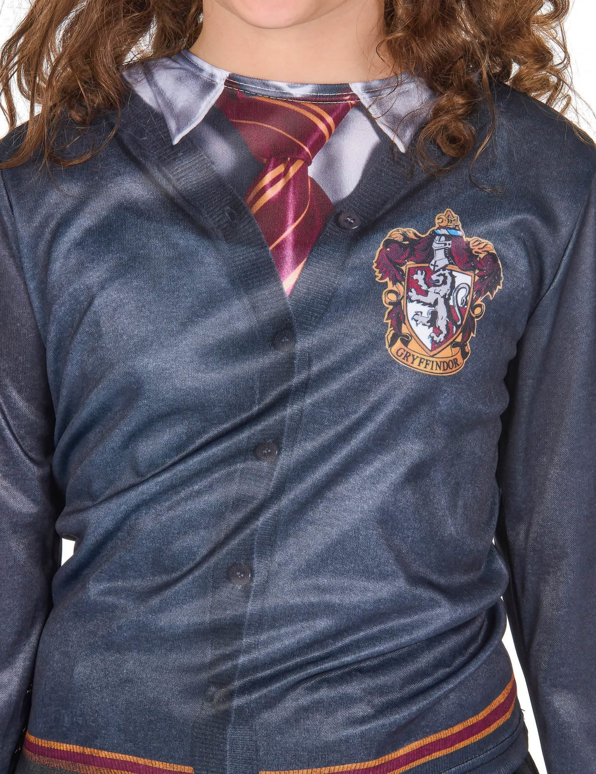 Zoom sobre o estampado efeito cardigan do top com saia Gryffindor Harry Potter