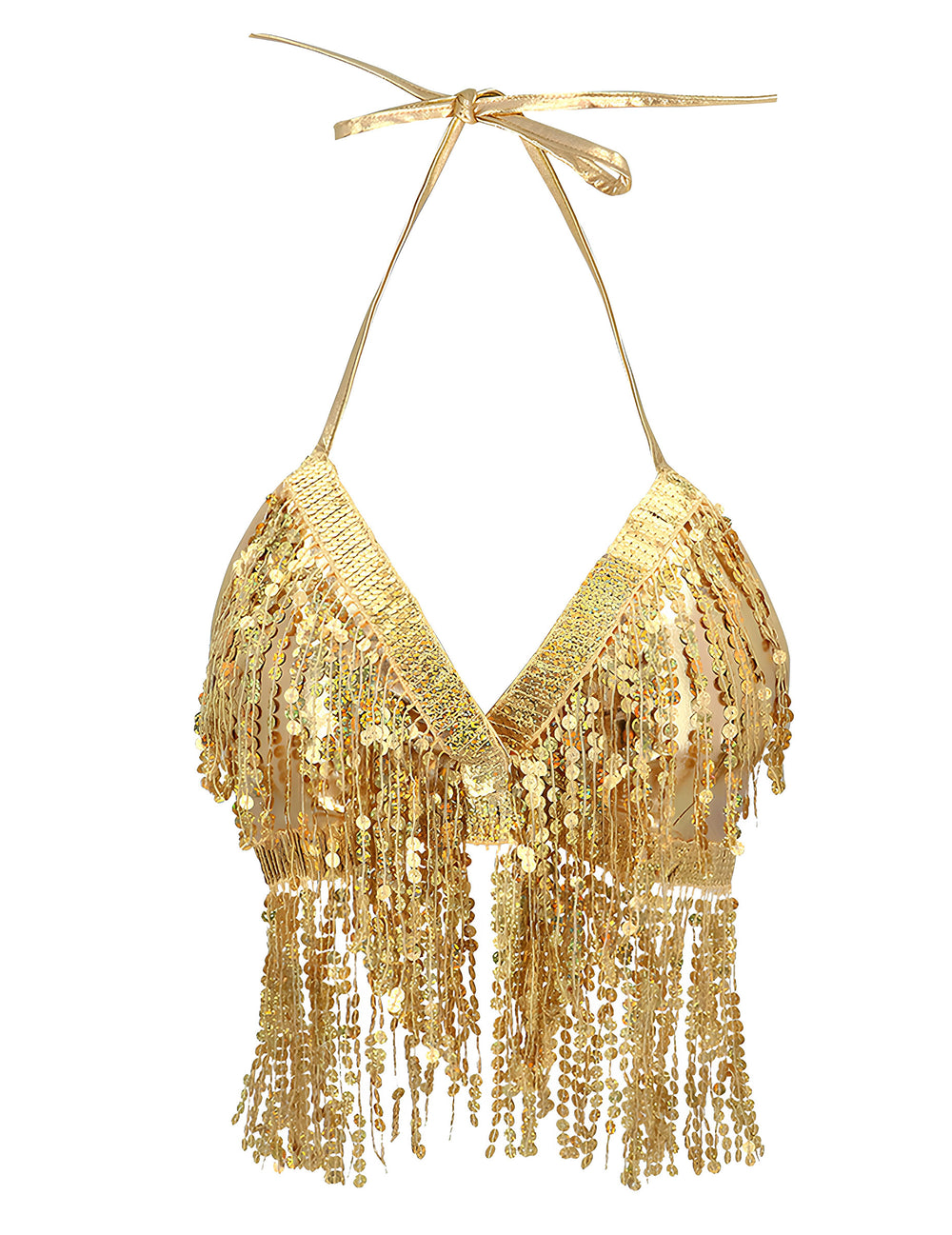 Vue de face du top à franges et sequins pour femme
