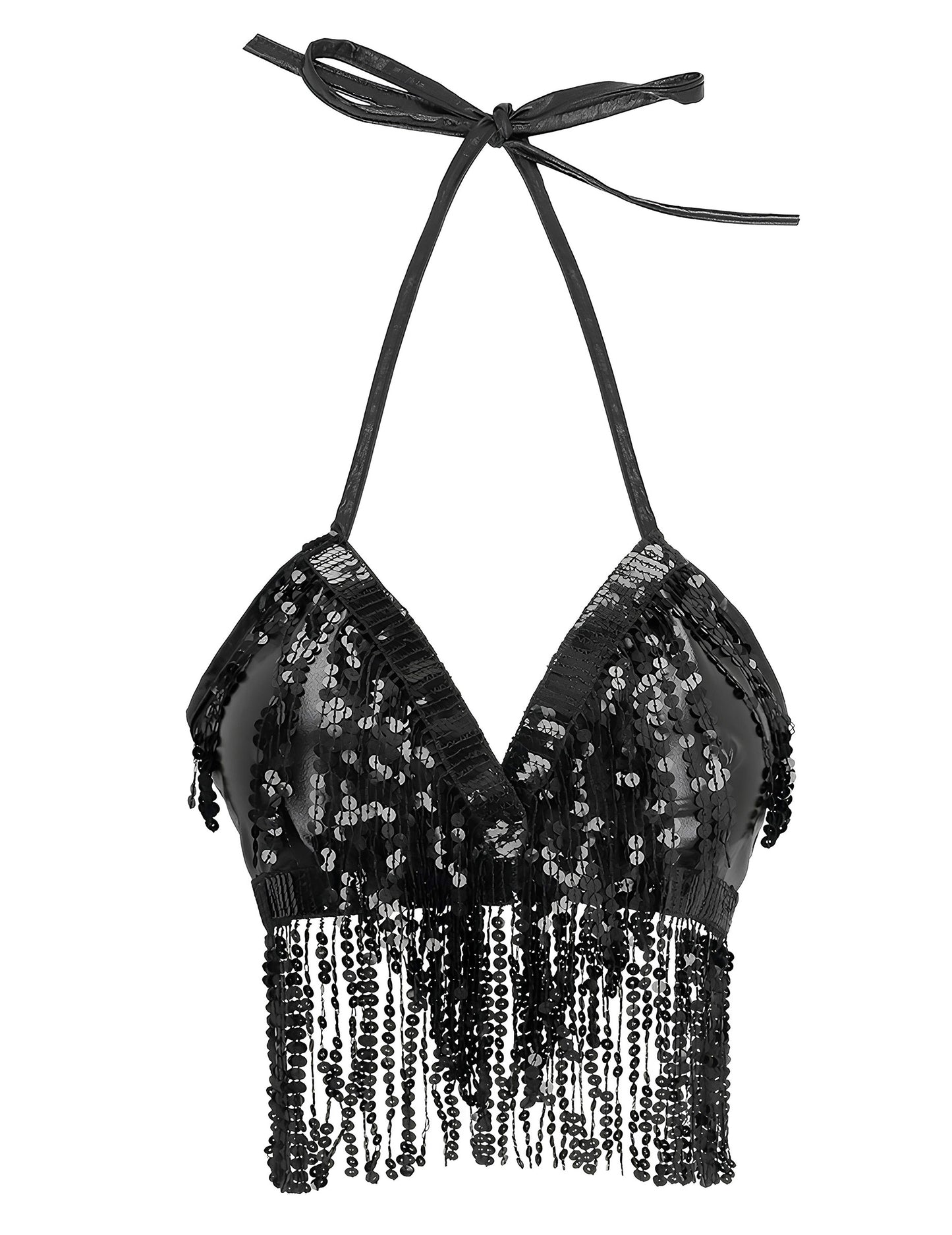 Vue de face du top avec franges et sequins pour femme noir