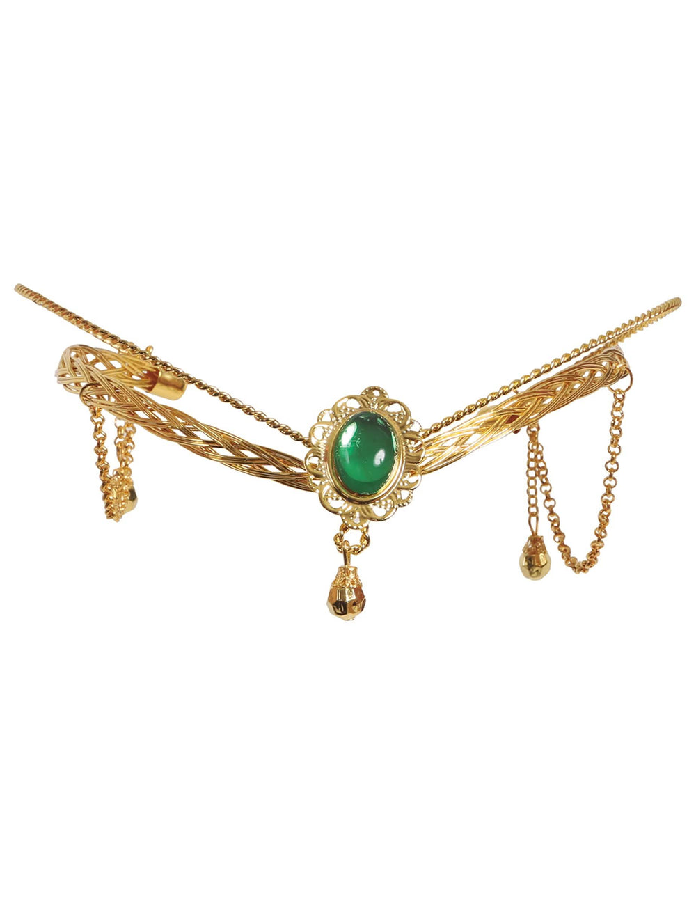 Detalhe da pedra verde e das correntes da coroa de cabeça de princesa medieval