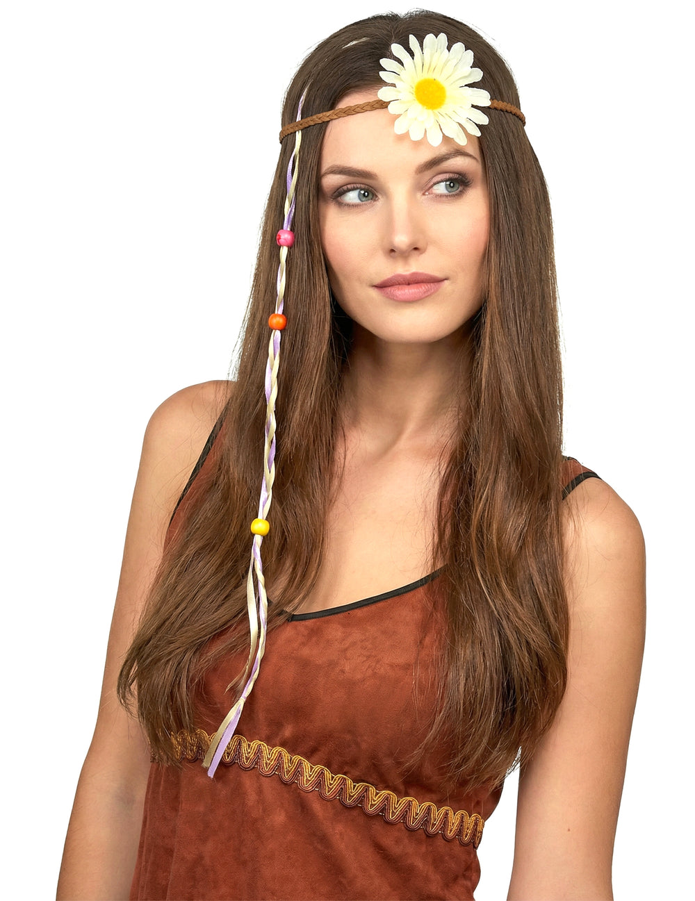 Tour de tête tressé avec fleur blanche pour adulte marron avec rubans et perles colorées