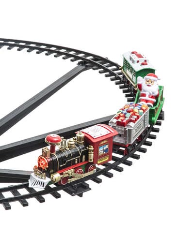 Vue sur les rails et les wagons du train de noël pour sapin 23 pièces lumineux et animé