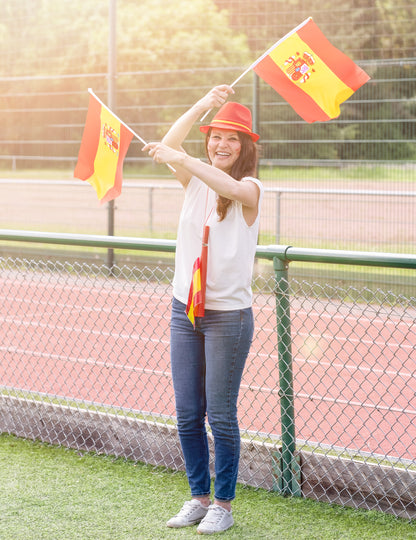 Vue d'ensemble du supporter avec la trompette football avec drapeau Espagne