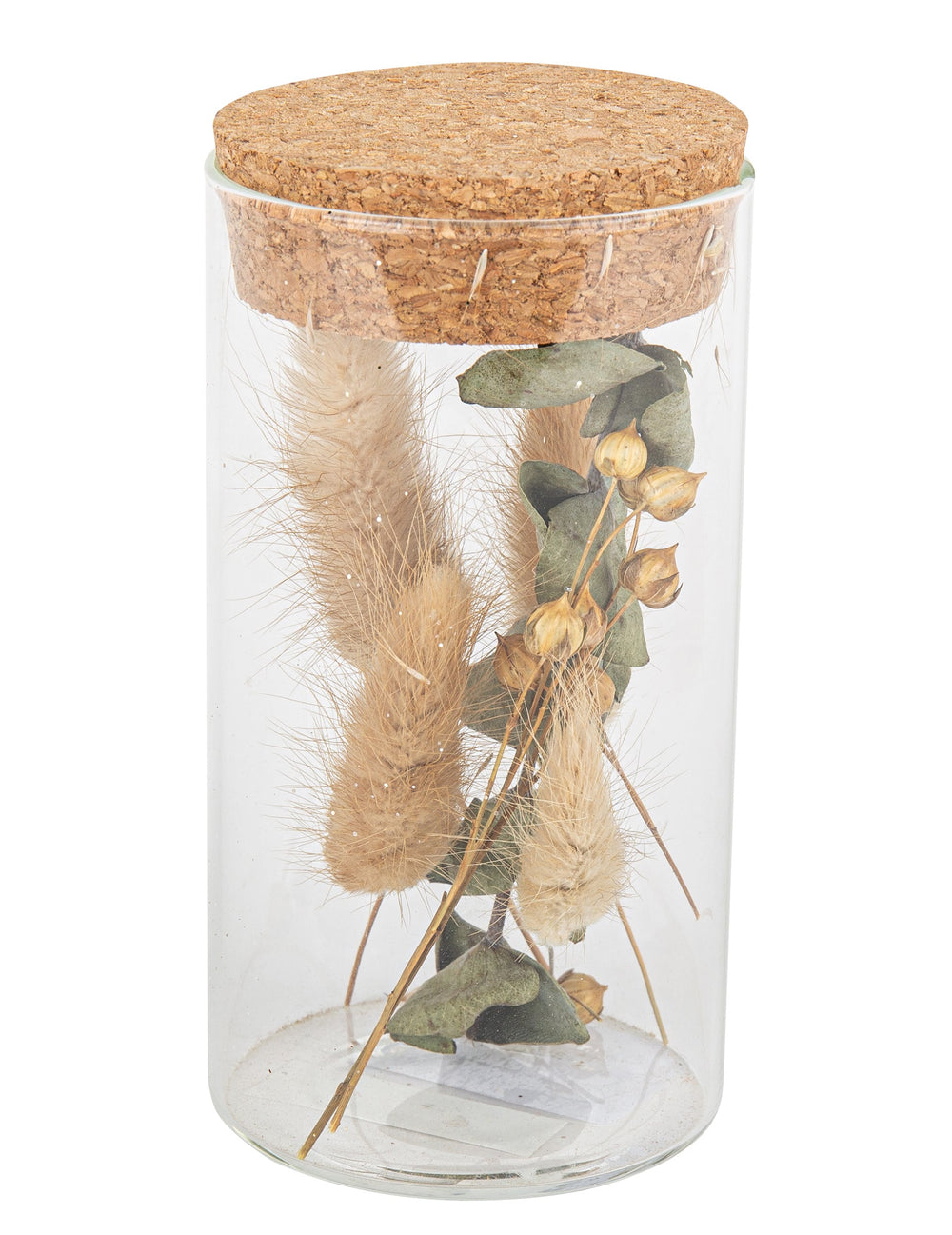Bocal en verre avec plumeaux et eucalyptus pour décoration naturel avec bouchon liège