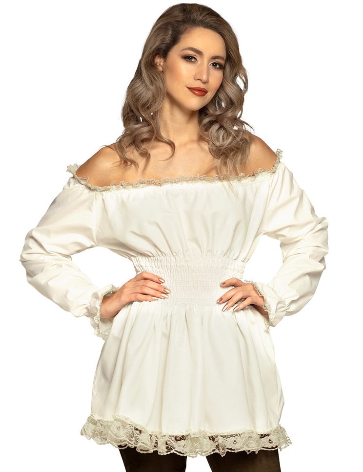Tunique renaissance pour femme blanche avec dentelle et épaules dénudées