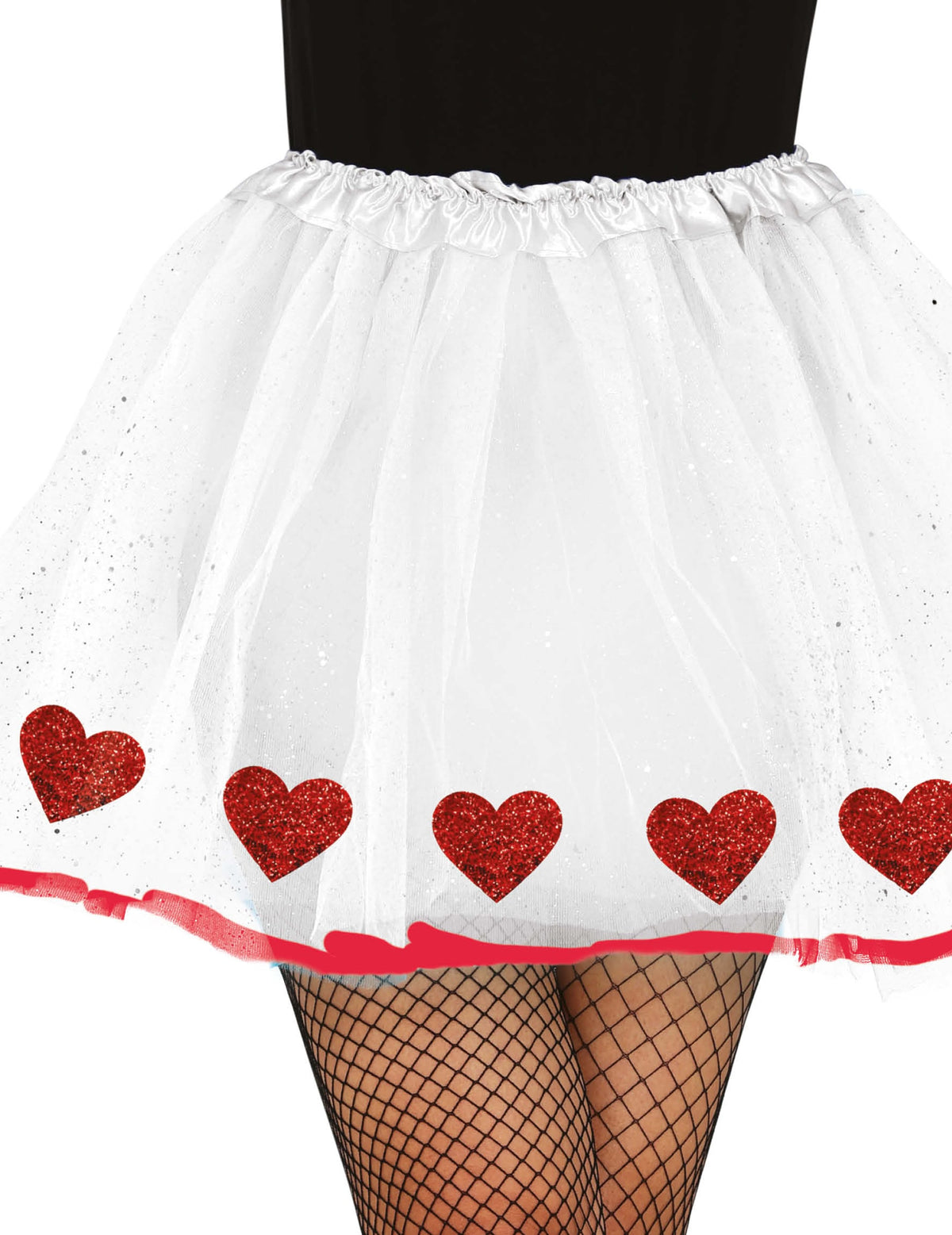 Gros plan sur les coeurs pailletés du tutu à coeurs pour adulte
