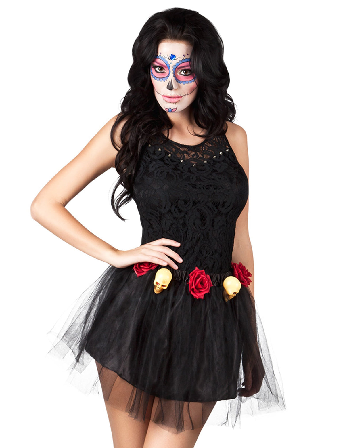 Tutu Dia de los muertos pour femme noir avec roses rouges et petits crânes
