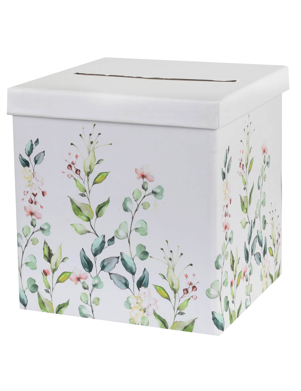 Urna de casamento em cartão com motivo vegetal para casamento, branca e romântica