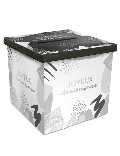 Urne en carton Joyeux anniversaire blanc et argenté