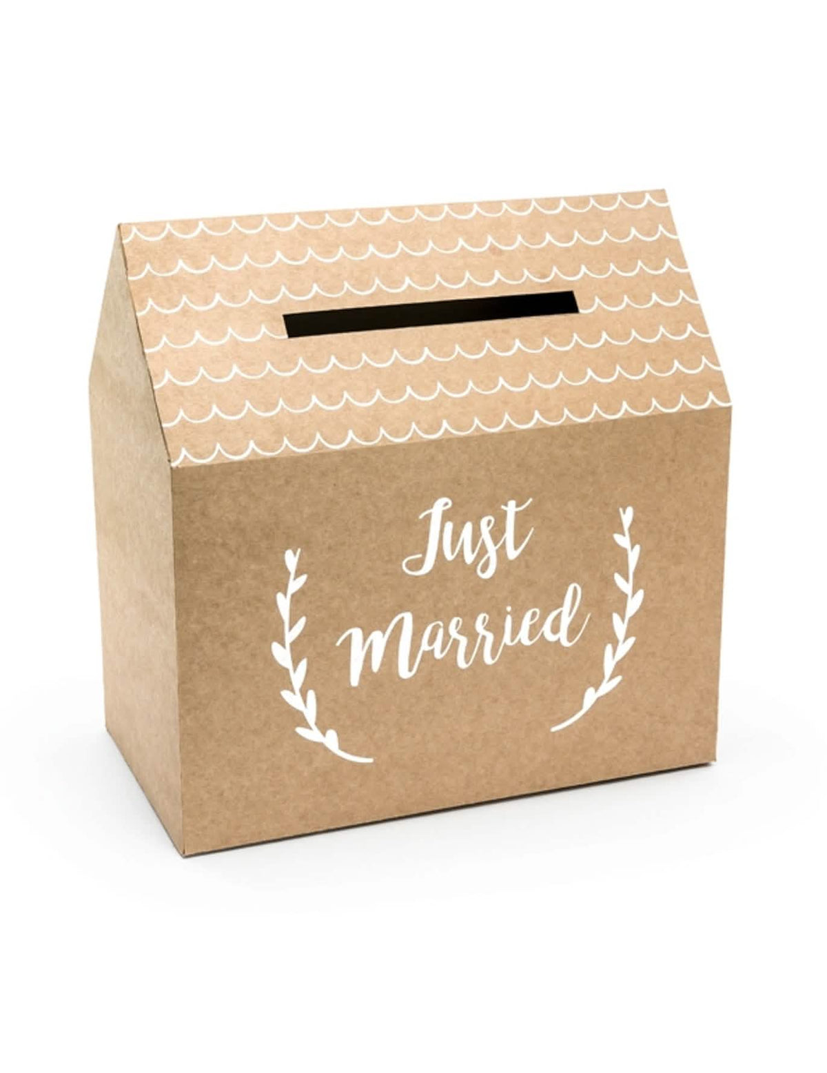 Caixa-urna Just Married para casamento em cartão kraft em forma de casa