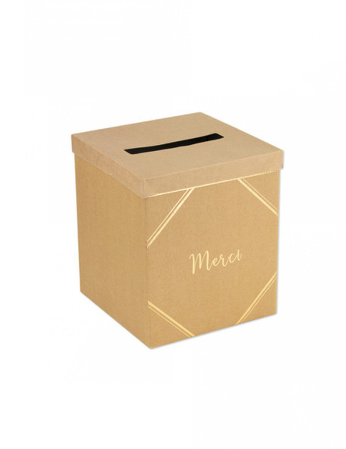 Urne en carton kraft et doré pour mariage avec inscription merci
