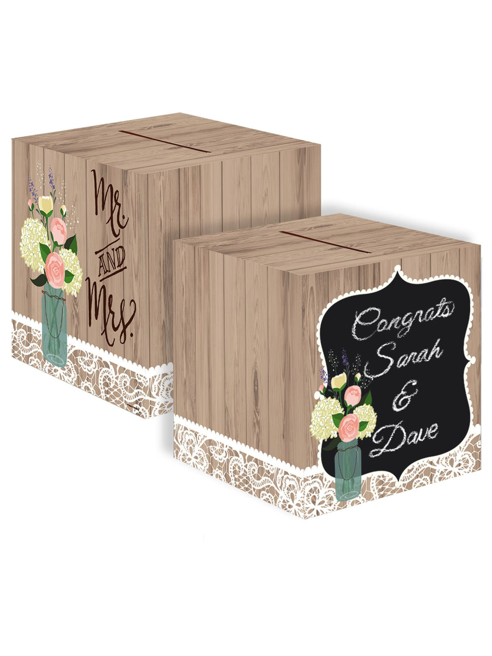 Urne en carton personnalisable Mr et Mrs pour mariage champêtre motif bois