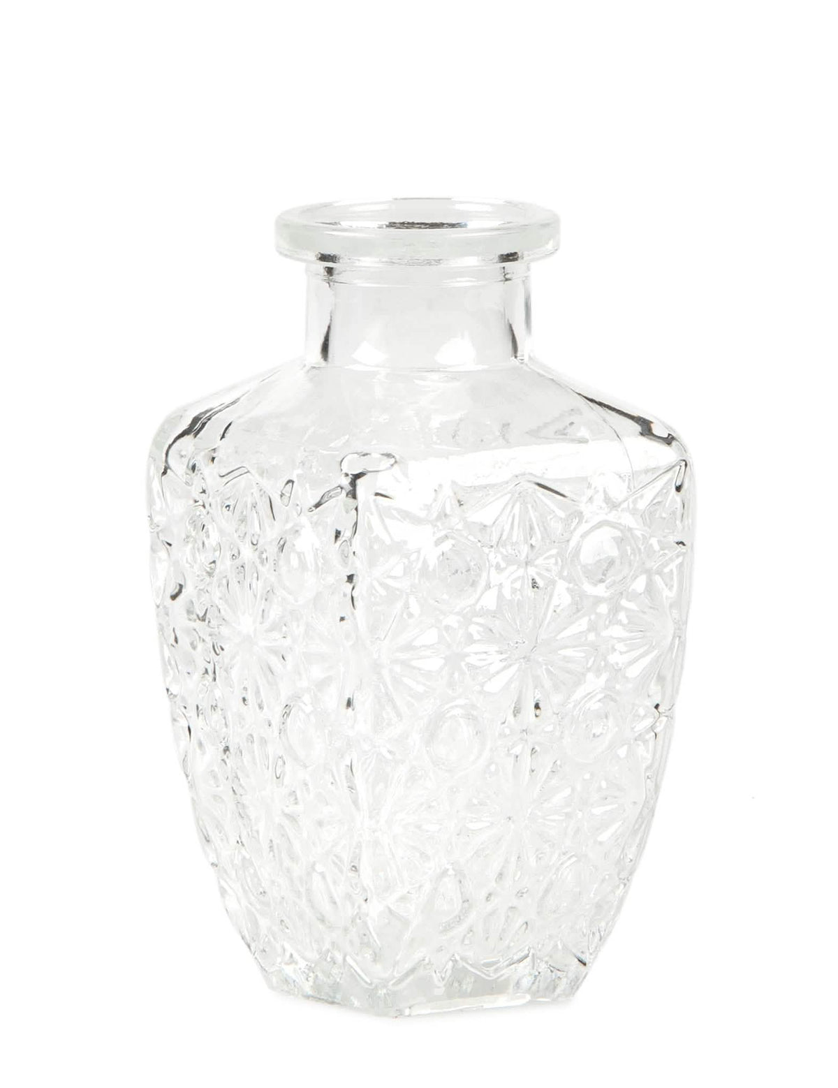 Vaso antigo gravado para decoração de mesa em vidro quadrado transparente