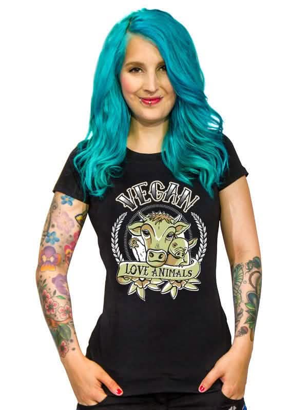T-shirt Vegan Love Animals para mulher preto e multicores