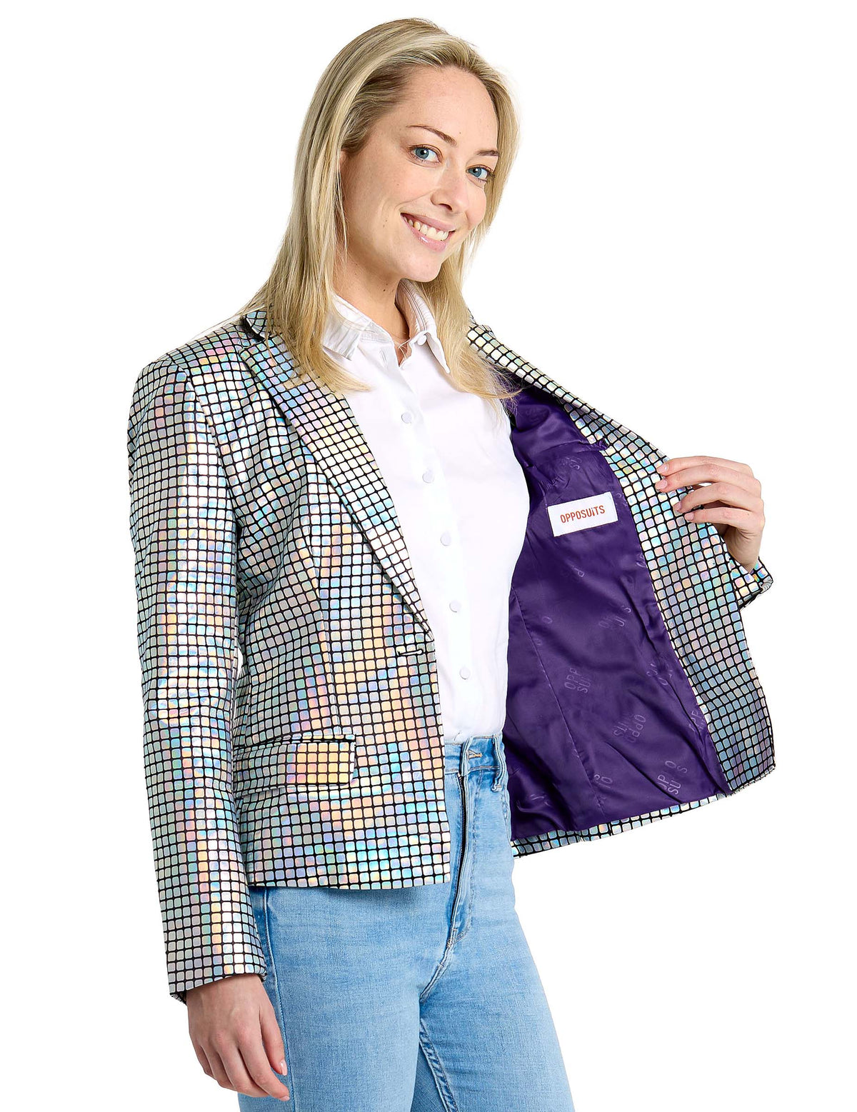 Vue de l'intérieur et de la doublure violette de la veste blazer discoballer Suitmeister