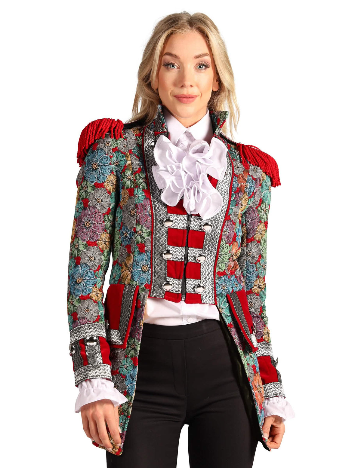 Veste de carnaval com padrão floral gama alta para mulher multicores com jabot e ombreiras vermelhas