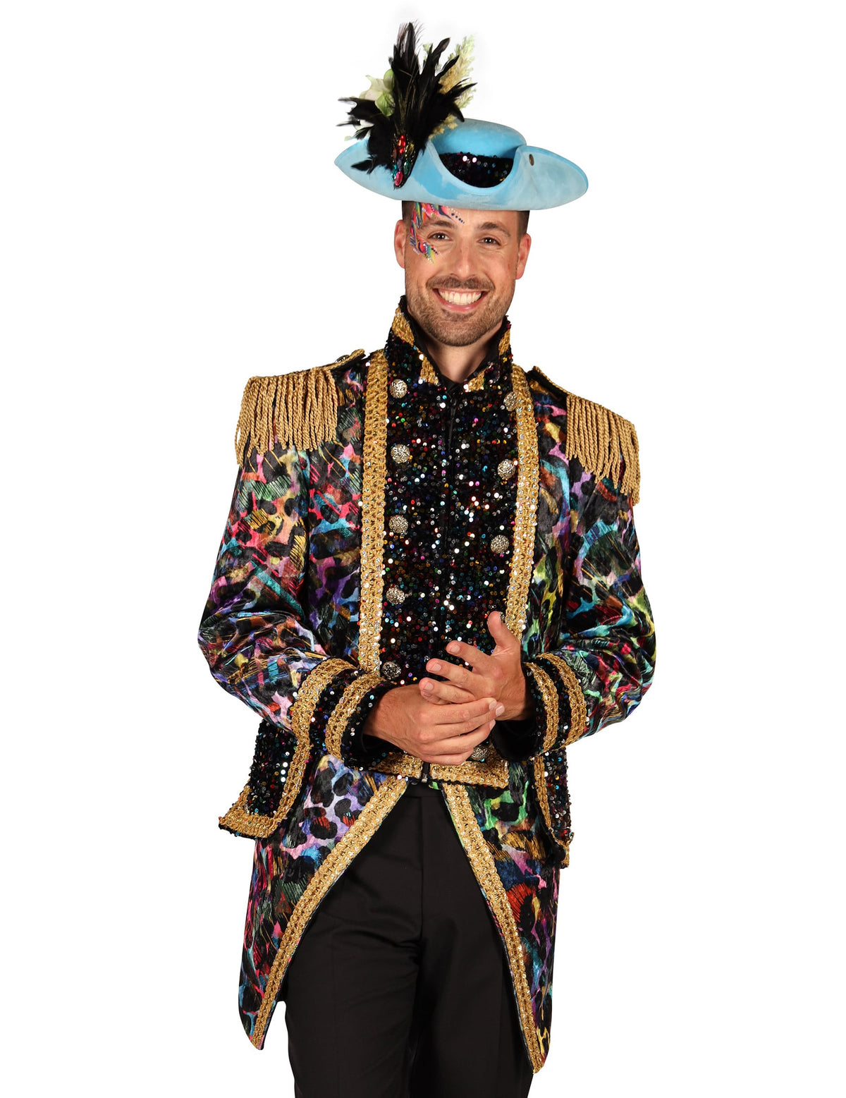 Veste de carnaval haut de gamme pour homme multicolore fluo avec paillettes et épaulettes dorées