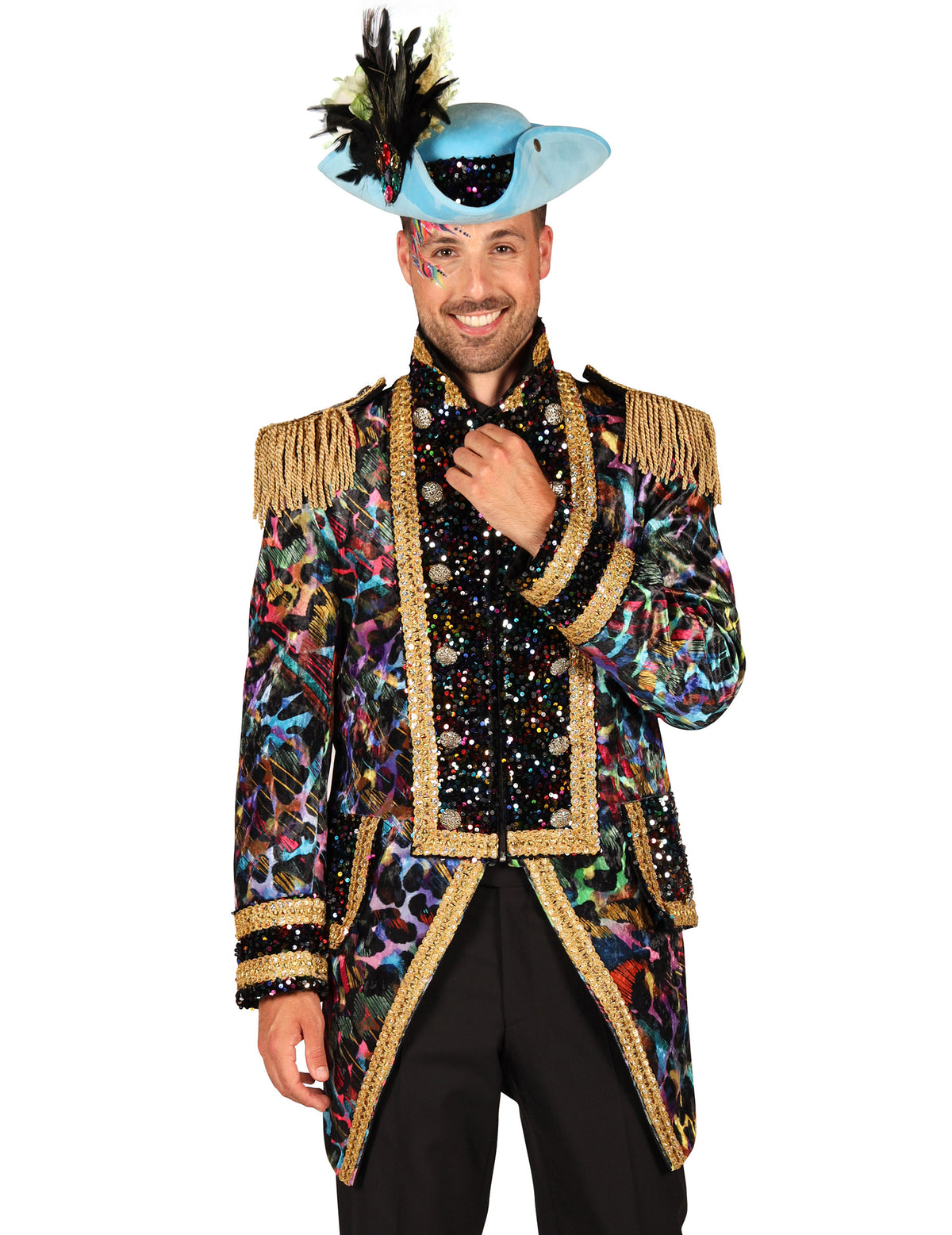 Vue de face avec chapeau de la veste de carnaval haut de gamme pour homme multicolore fluo