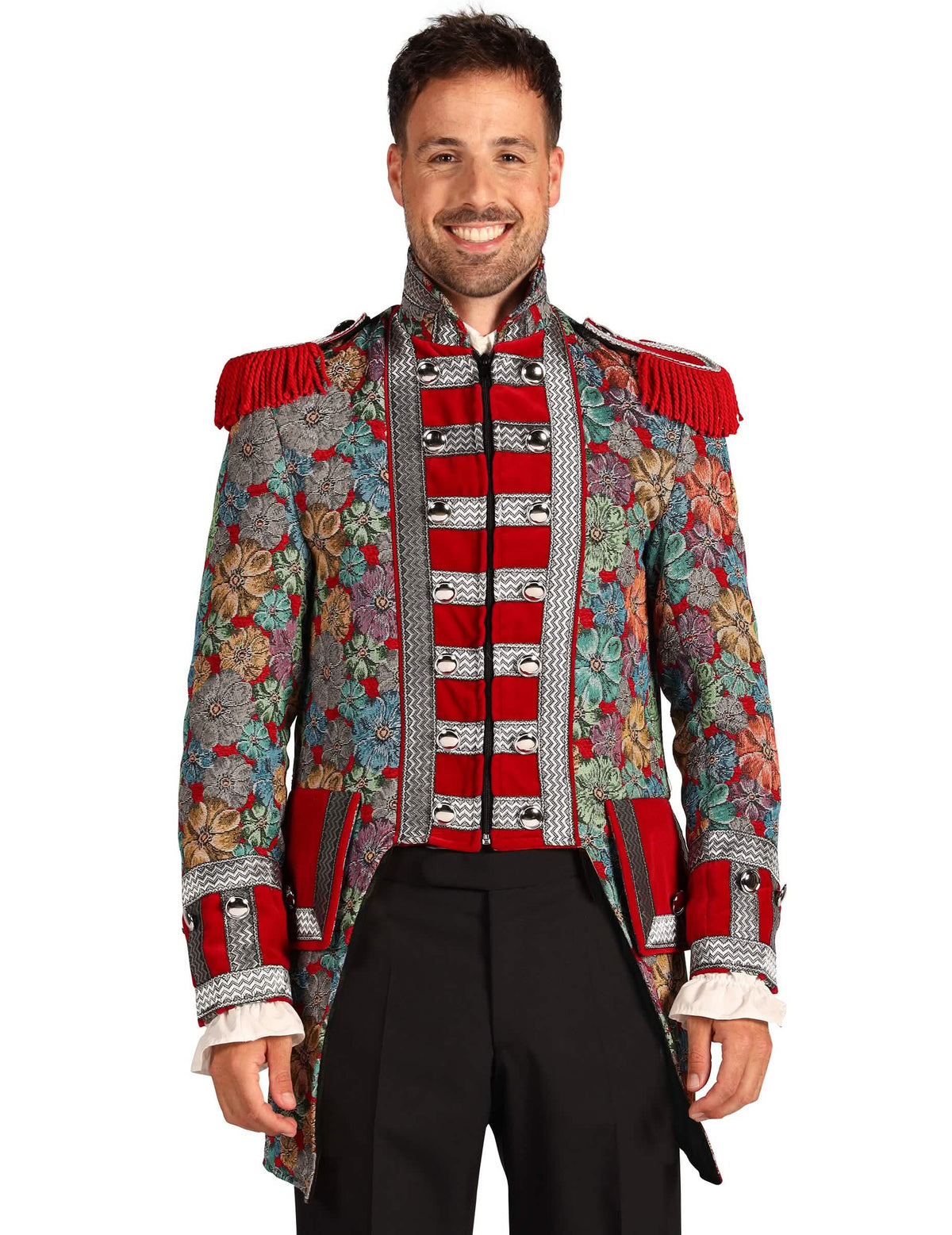 Vista frontal da jaqueta de carnaval homem com padrão floral gama alta