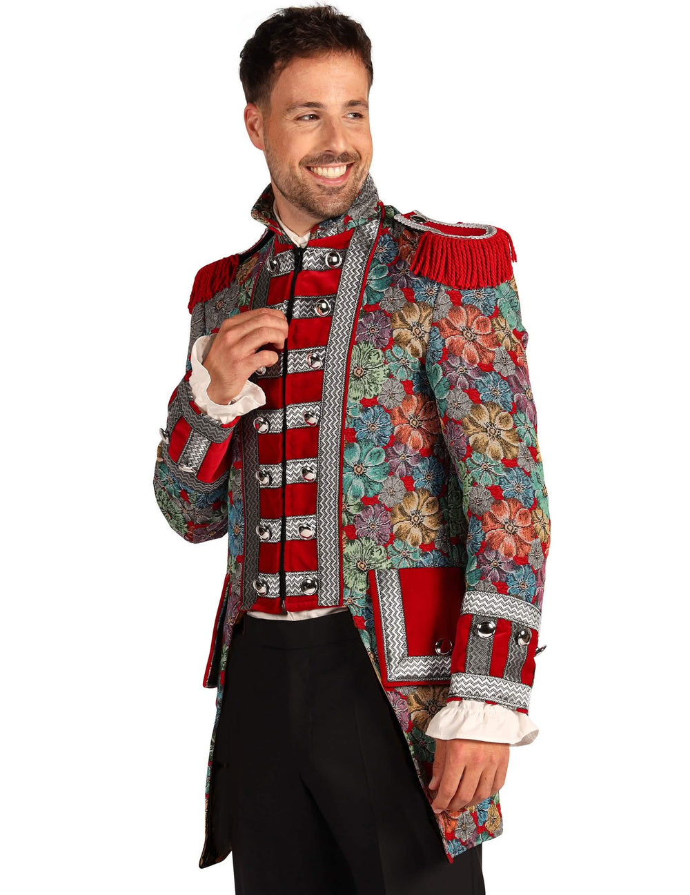 Vista de perfil da veste de carnaval homem com padrão floral gama alta