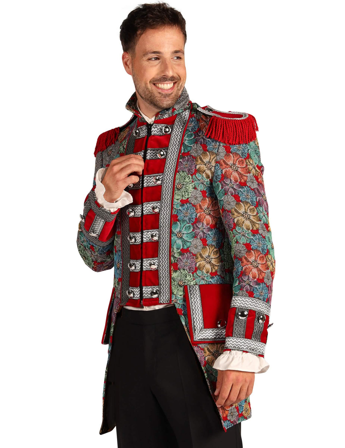Vista de perfil da veste de carnaval homem com padrão floral gama alta